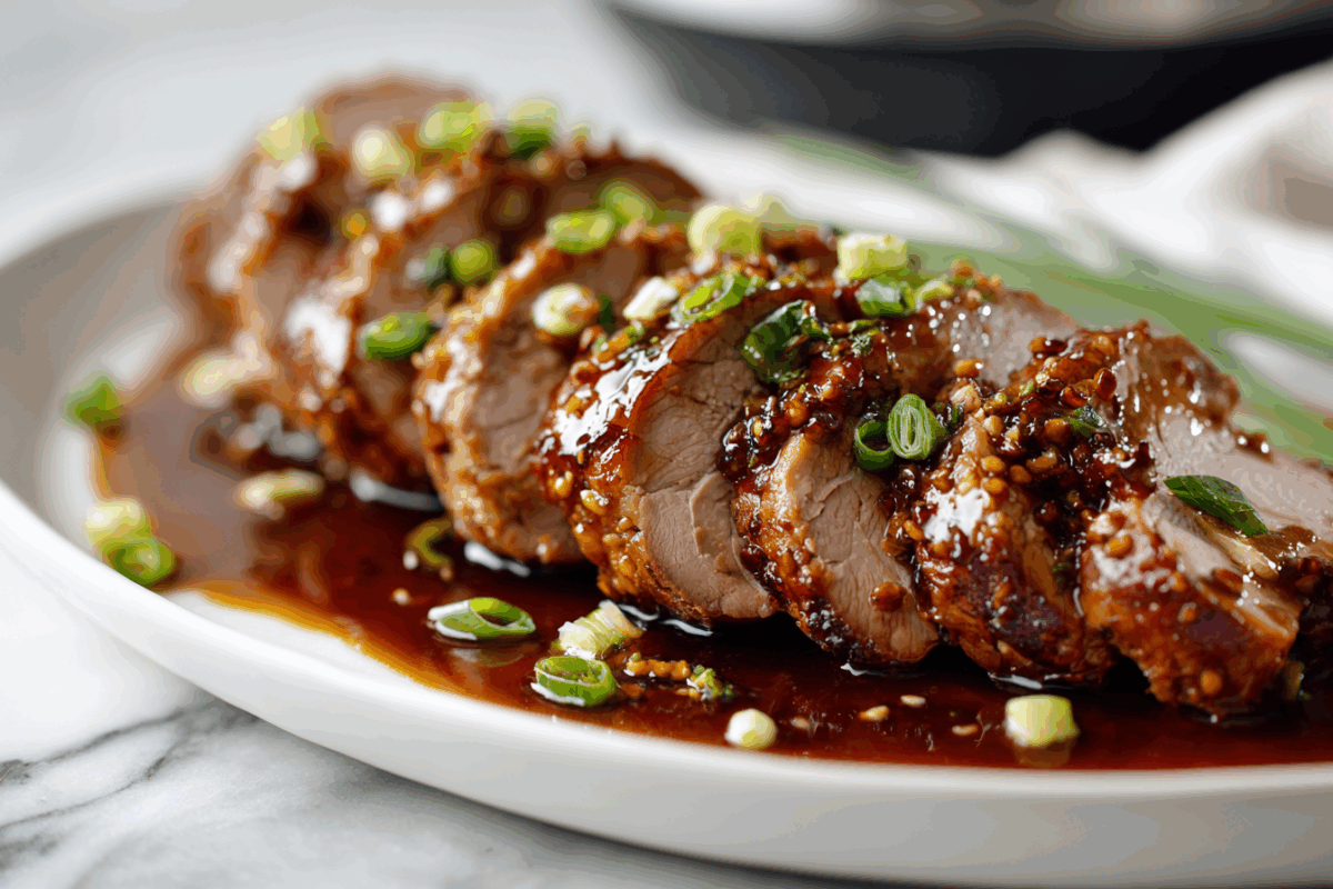 slices of pork tenderloin with a thickened honey garlic  glaze sitting in front of the Instant Pot