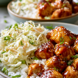 2 hot honey chicken rice bowls with creamy cabbage slaw