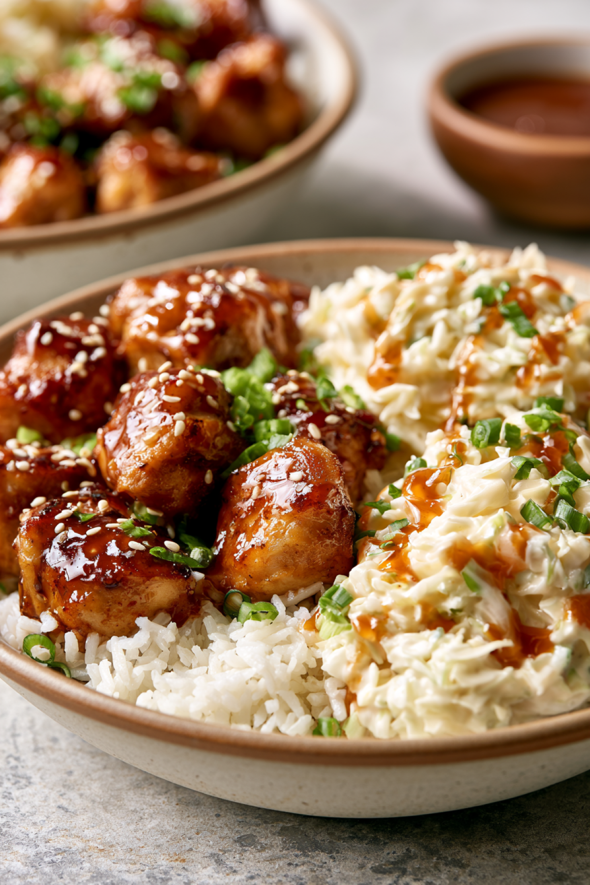 hot honey chicken rice bowls with creamy cabbage slaw
