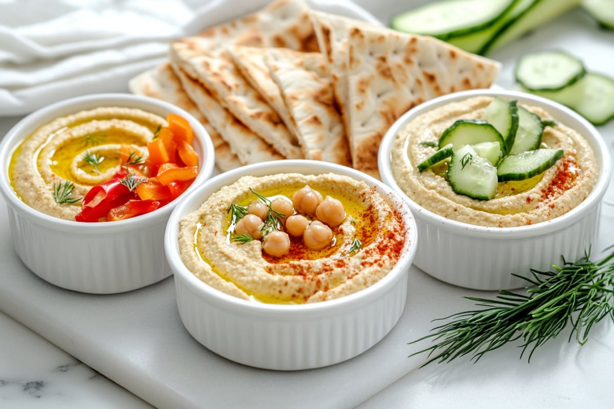 trio of hummus dips with pitas