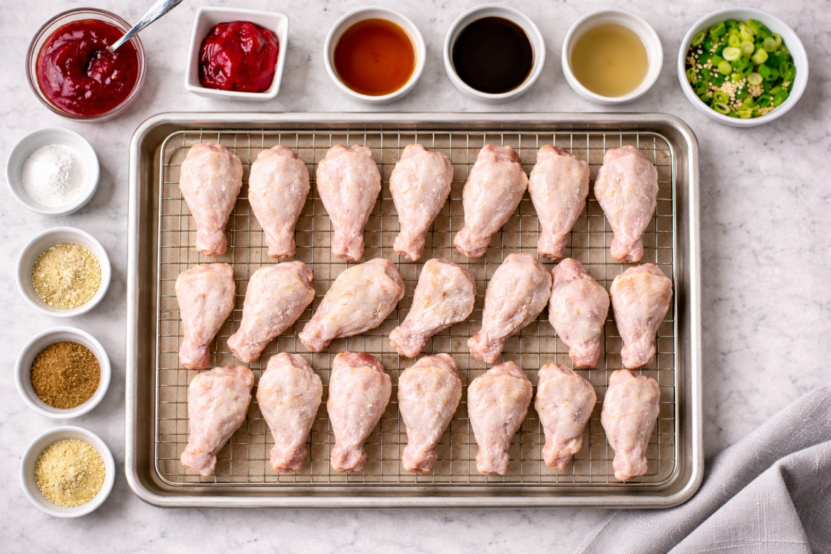 flay lay of ingredients for strawberry gochujang wings shows wing sections, strawberry jam, gochujang sauce, garlic, sesame oil and garnishes