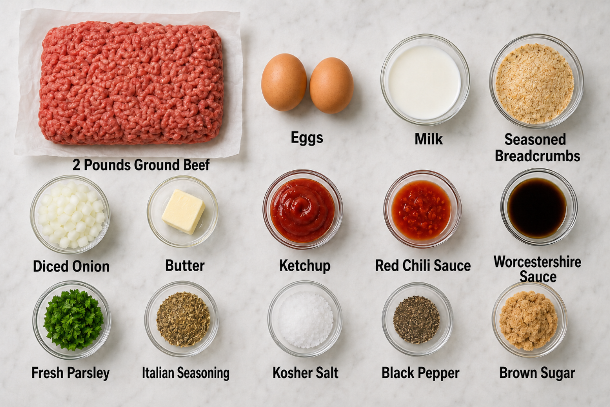 overhead view of ingredients labeled for the meatloaf recipe