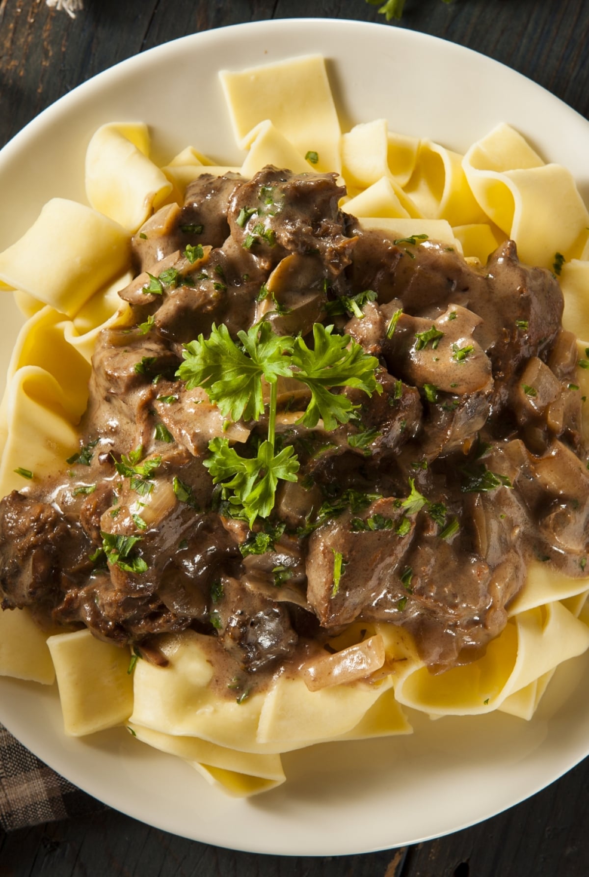 Instant Pot beef stroganoff over wide egg noodles