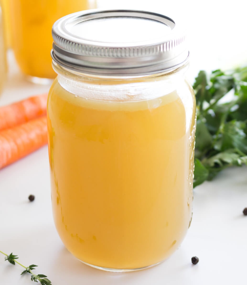 Instant Pot chicken stock in a canning jar