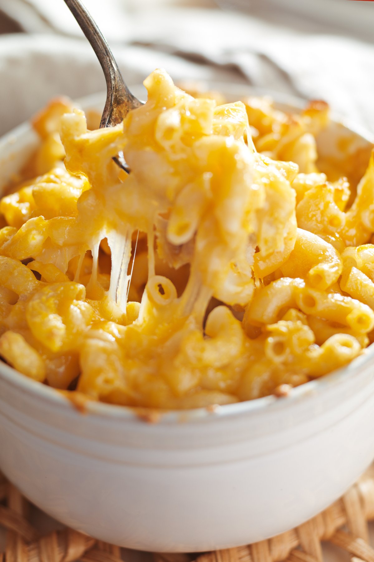 bowl of mac and cheese with a fork