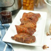 instant pot country style ribs served on a rectangular white platter