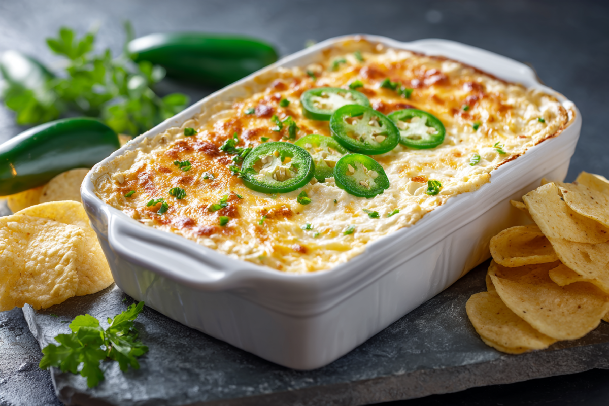 jalapeno popper dip in a rectangular baking dish
