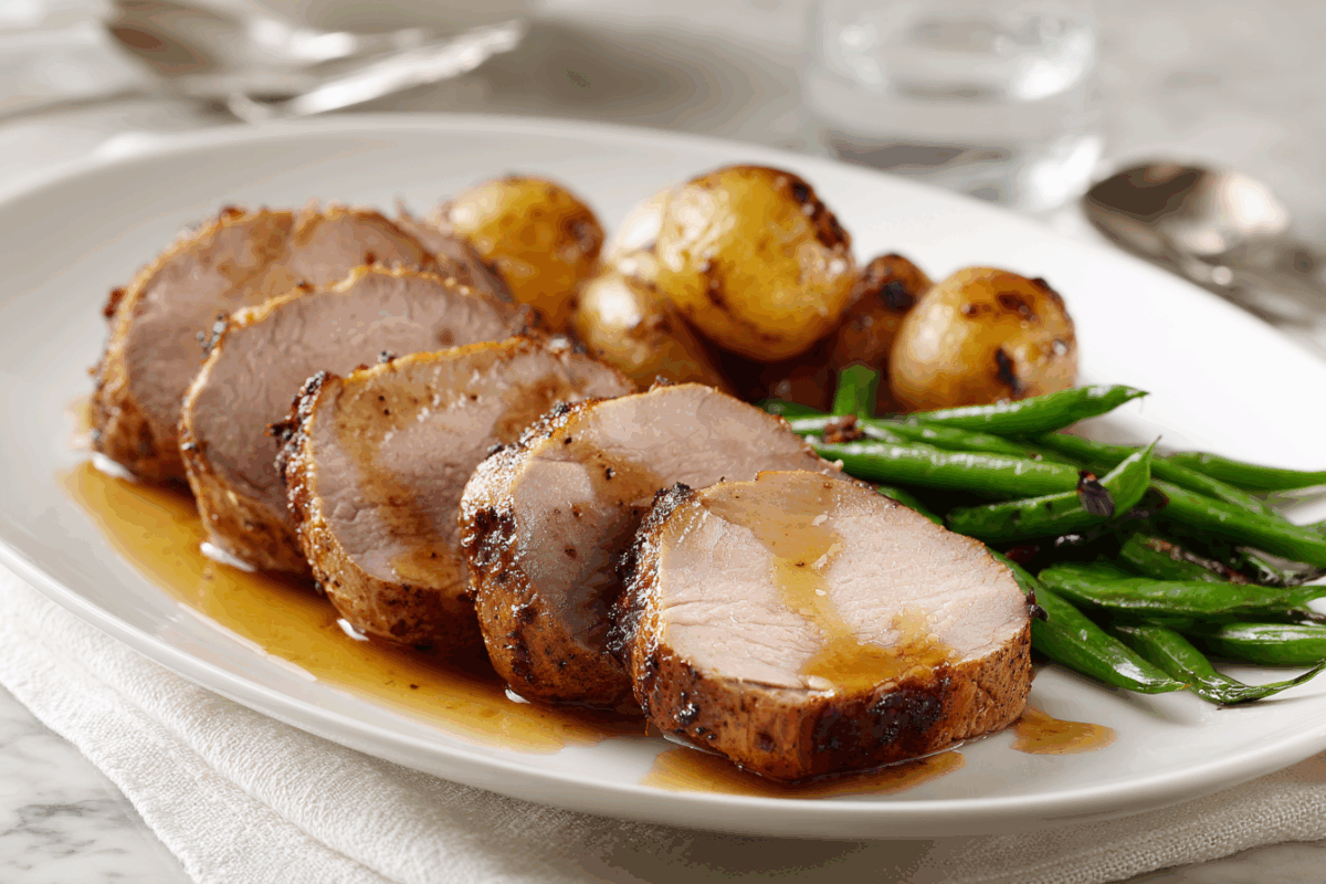 Juicy sliced pork tenderloin on a white platter with potatoes and green beans on a light kitchen counter