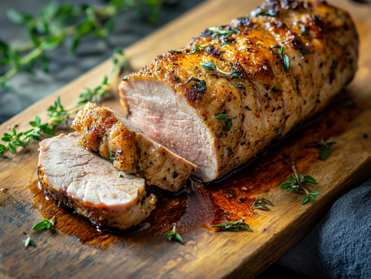 juicy pork tenderloin resting and getting carved