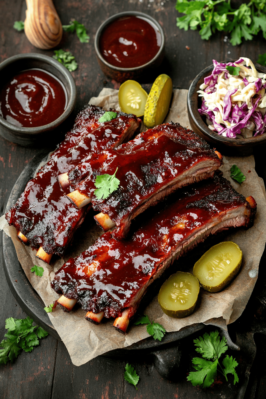 bbq ribs slatthered with kansas city bbq sauce ready for serving
