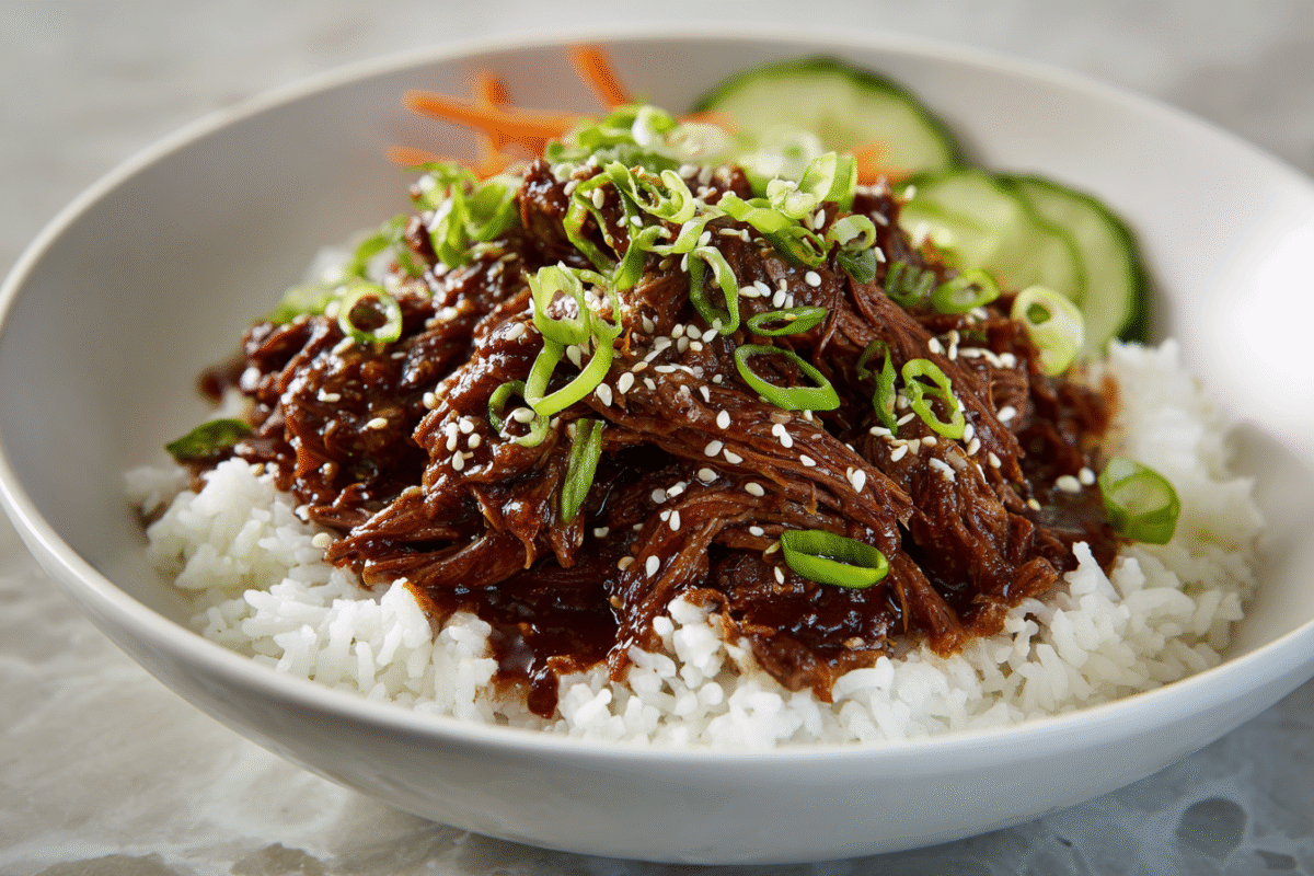 Shredded soy sesame beef roast over white rice in a shallow bowl with green onions and sesame seeds on a light stone countertop