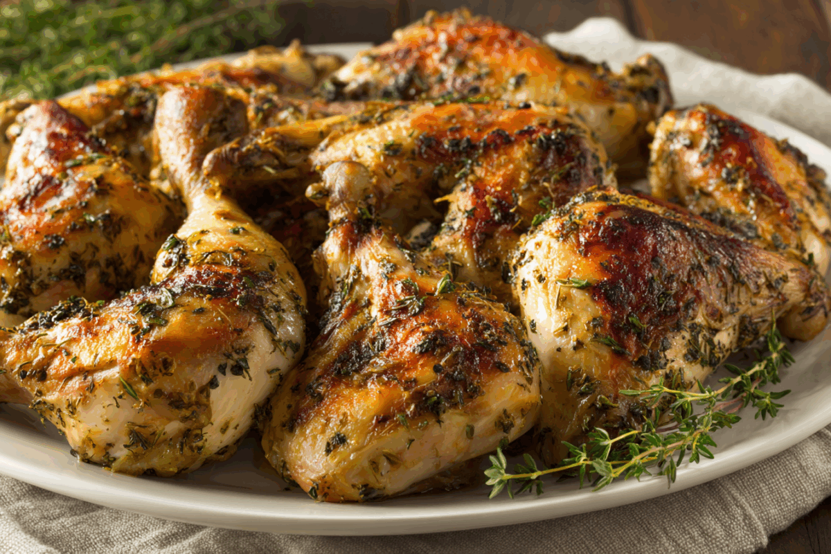 roasted chicken sections with a crispy seasoned crust on a platter