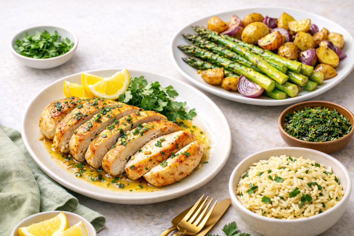 lemon herb chicken and spring vegetable sides