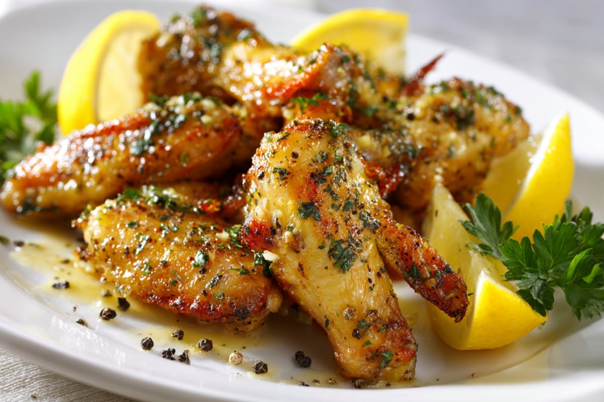 lemon pepper wings on white plate