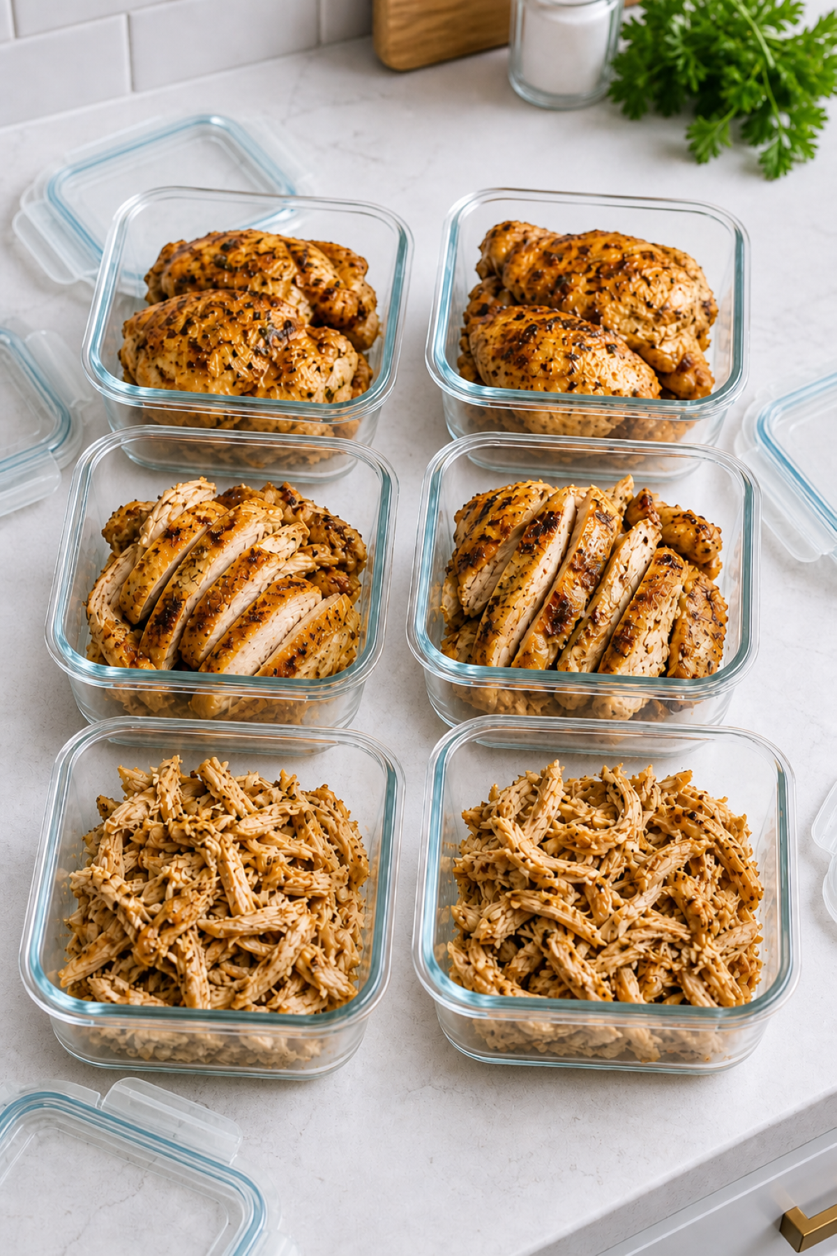 boneless chicken thighs for meal prep using whole, sliced and shredded thighs in glass containers