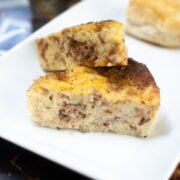 close in view of wedges of air fryer breakfast casserole where you can see the meat and hash browns inside