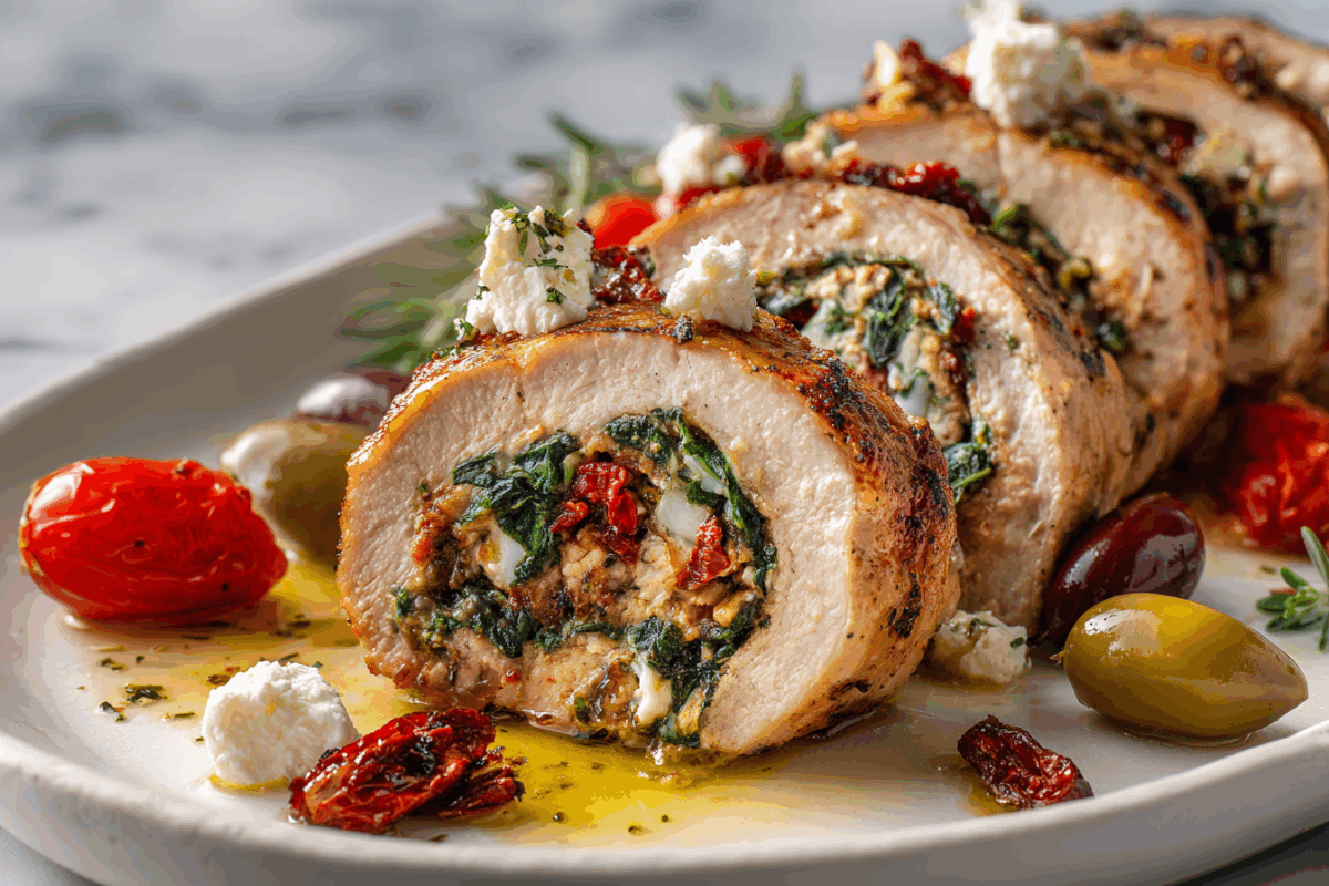 pork tenderloin stuffed with Mediterranean ingredients sliced to show colorful filling