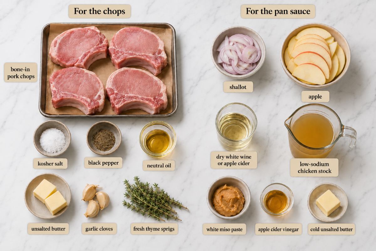 ingredients for pan-fried bone-in pork chops with a miso apple pan sauce - overhead view