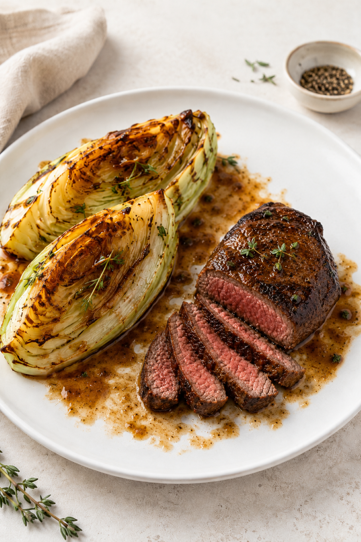 sauteed miso butter cabbage wedges served with seared steak with a pink center.