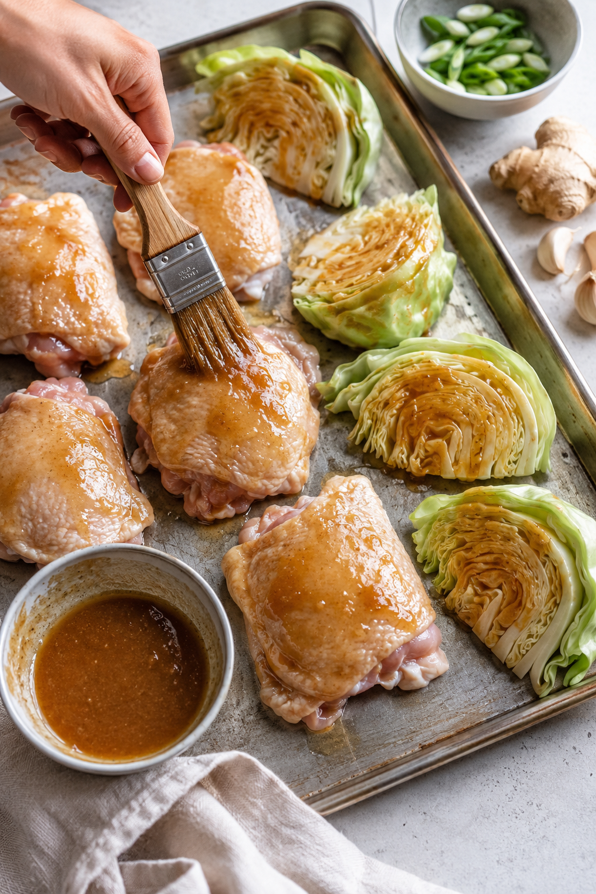 basting miso butter on bone-in skin-on chicken thighs and cabbage wedges spaced on a sheet pan