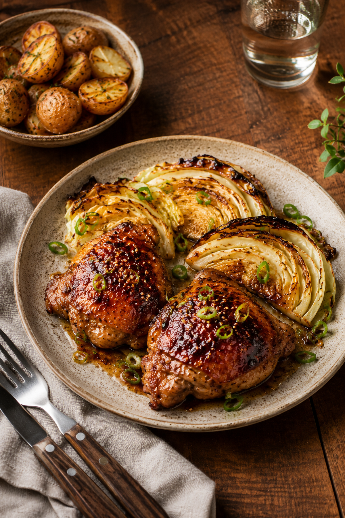 miso glazed chicken thighs with glazed and golden cabbage wedges and optional roasted potatoes on the side.