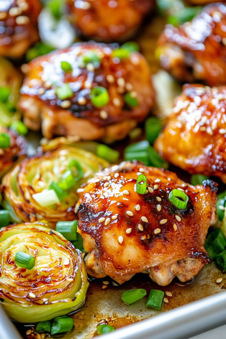 miso glazed chicken and cabbage wedges on a sheet pan