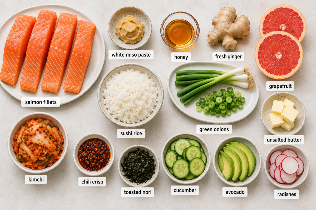 ingredients prepped and laid out for miso salmon bowls.