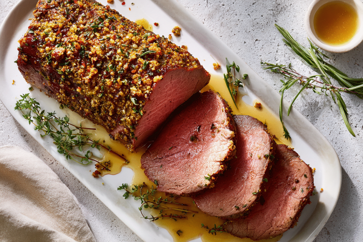  Beef strip roast with mustard and herb crust partly sliced on a white platter with pan juices on a light stone countertop