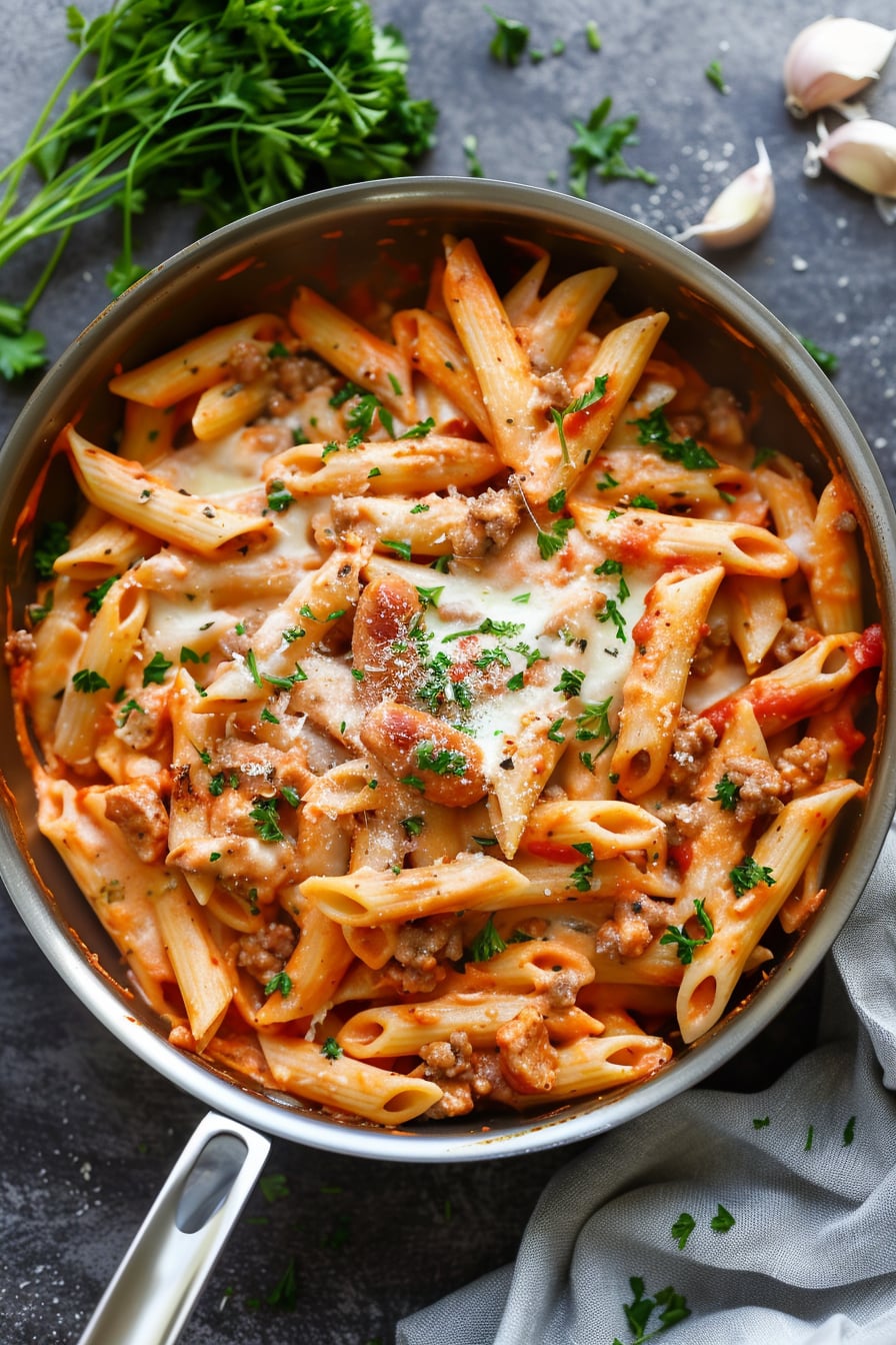saucy one pot beef pasta in a skillet