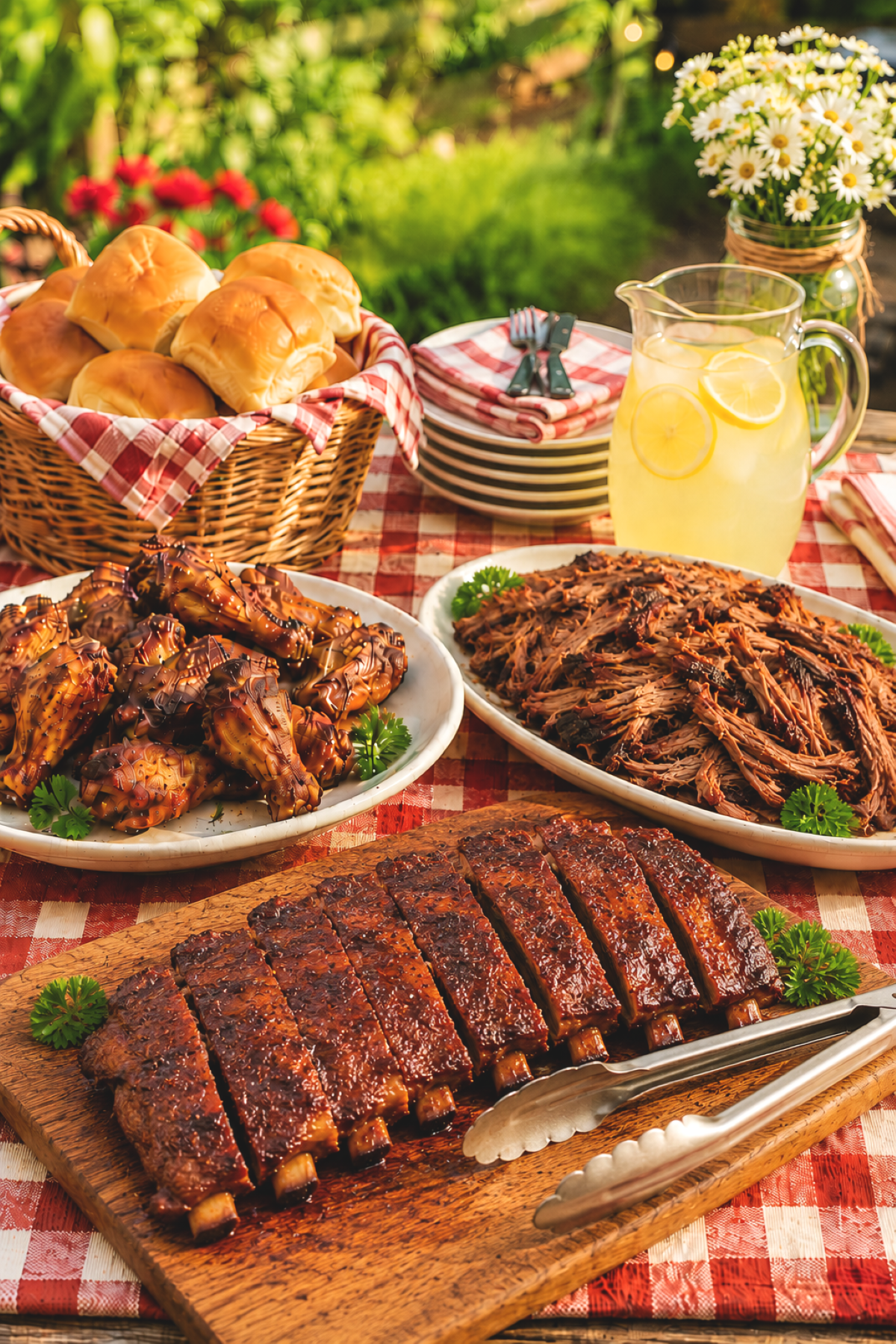 outdoor summer party table filled with a mix of smoker recipes
