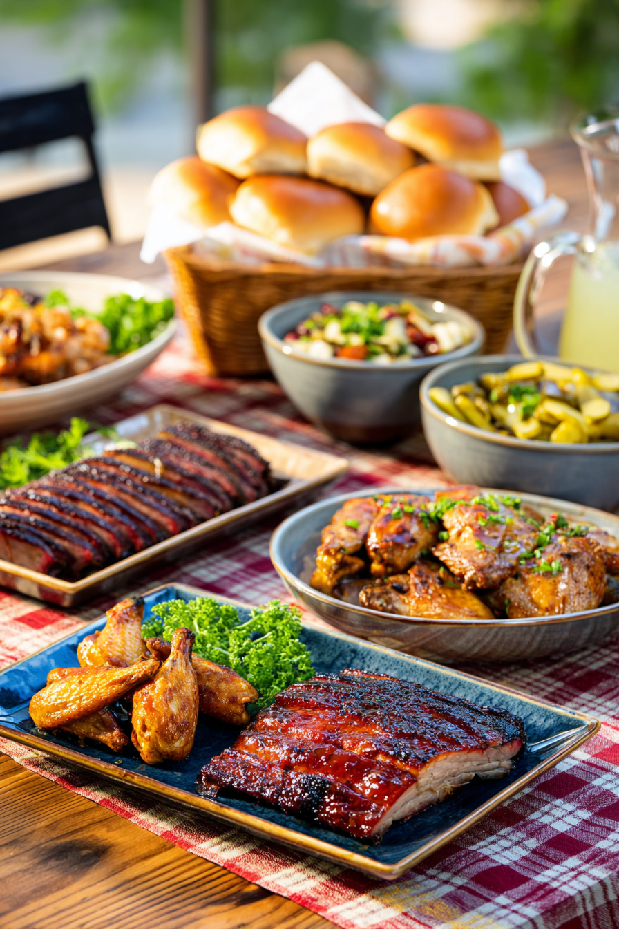 outdoor summer party table set with assorted smoker recipes