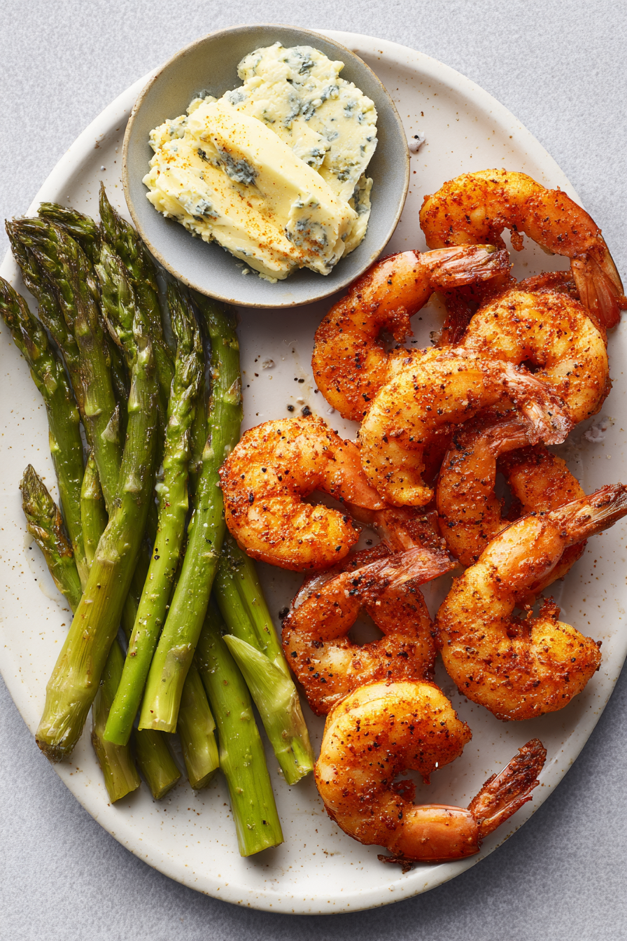 air fryer shrimp and asparagus on a white plate