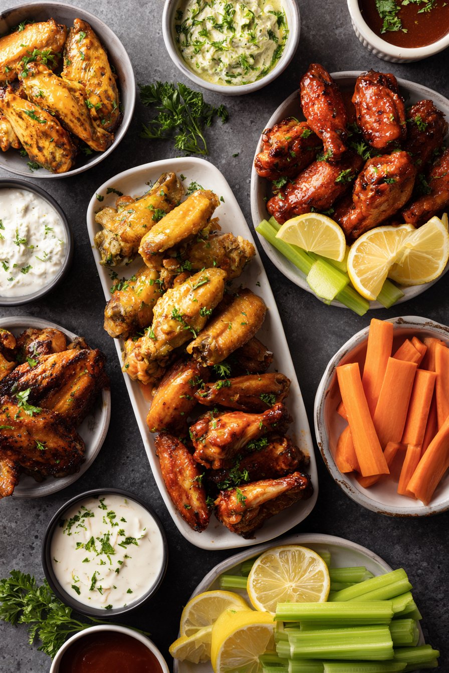 overhead view of a mixture of chicken wings