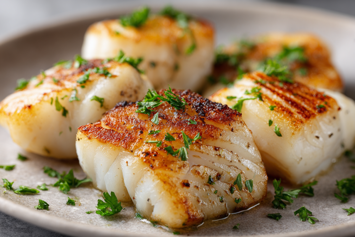 pan fried cod fillets on a gray platter garnished with parsley