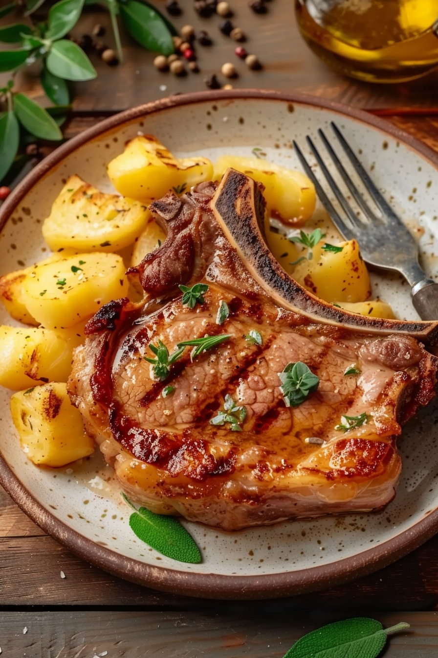 pan seared bone-in pork chop on plate with potatoes