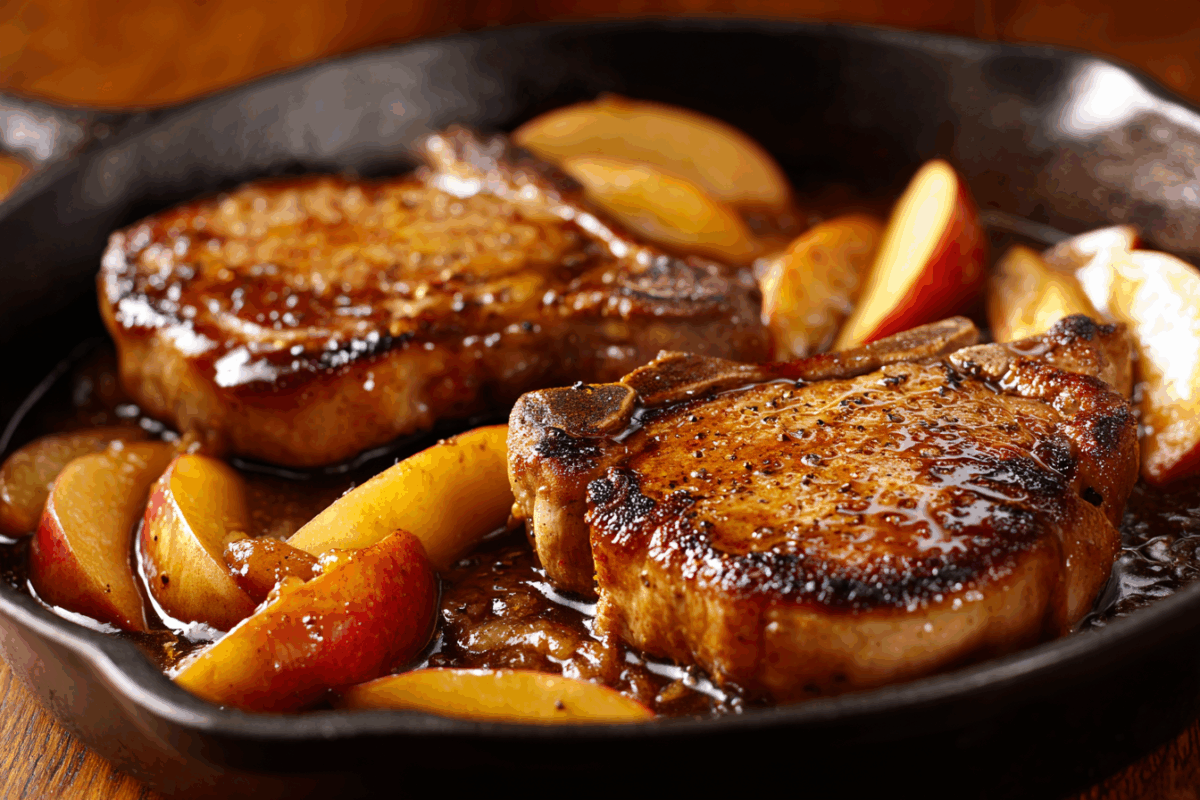pork chops with sliced apples browned in a cast iron skillet