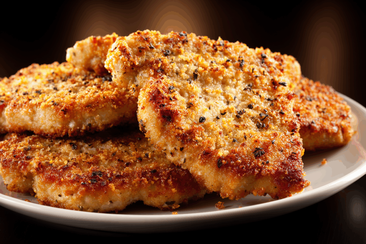 parmesan crusted pork chops piled on a plate