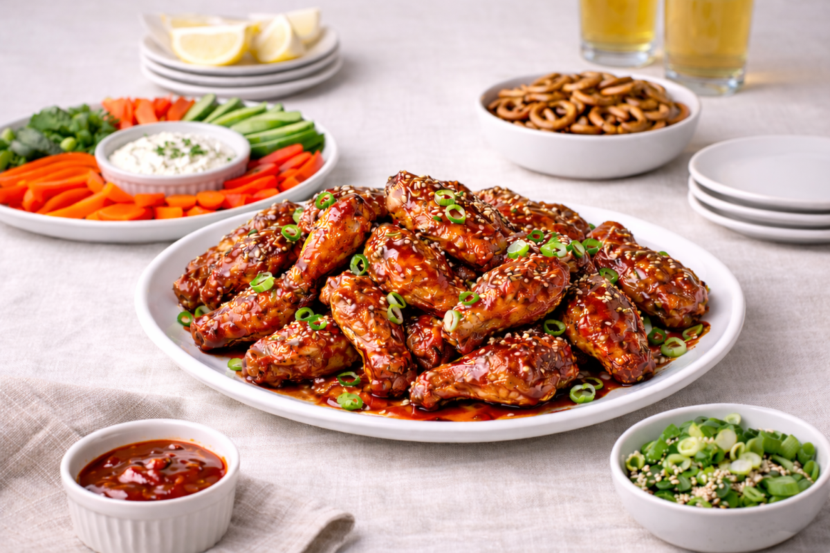party spread of crispy strawberry gochujang wings with a veggie tray and pretzels