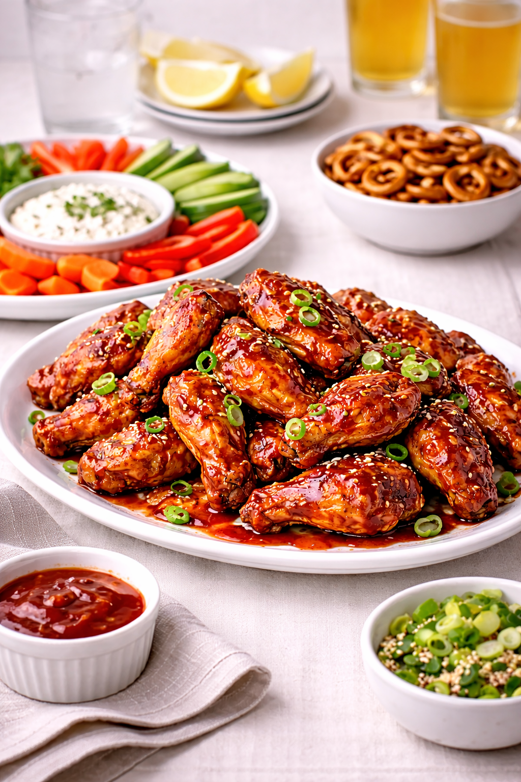 party spread of crispy strawberry gochujang wings with a veggie tray and pretzels