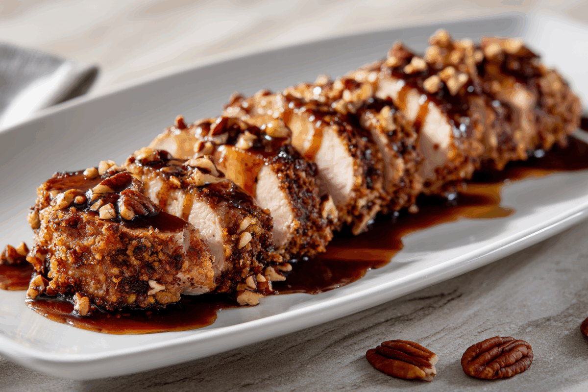 pecan crusted pork tenderloin with a bourbon and brown sugar glaze sliced on a white platter