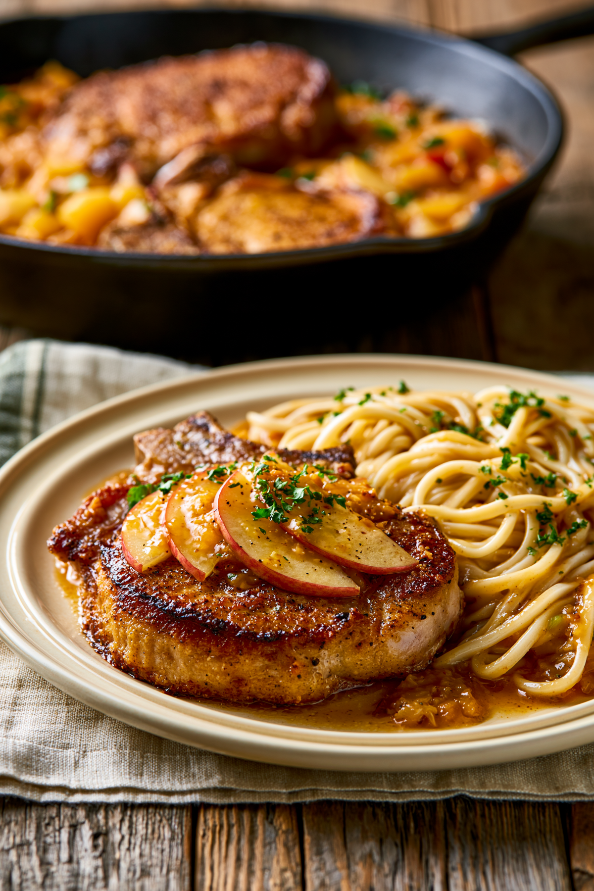 pan seared bone-in pork chops with miso apple sauce and served with udon noodles