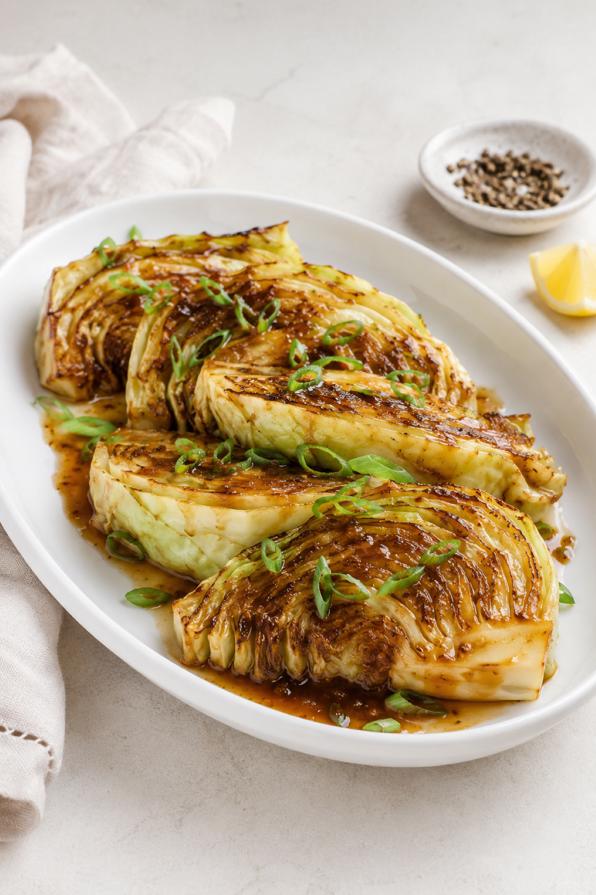 pan seared miso butter cabbage wedges on an oval platter
