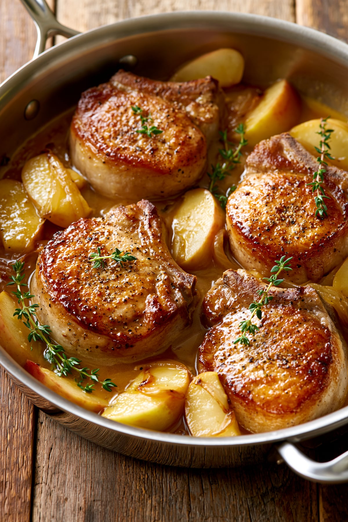 bone-in pork chops with sauteed apples and a miso apple pan sauce