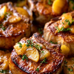 bone-in pork chops with sauteed apples and a miso apple pan sauce