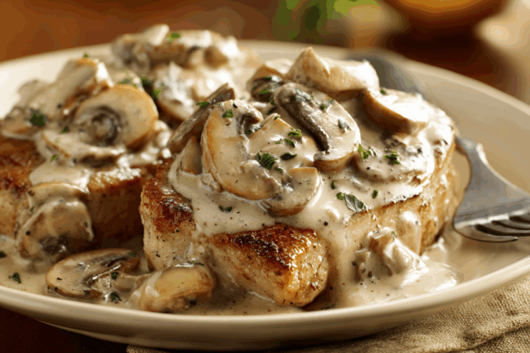 pork chops on a plate with a creamy mushroom sauce and bella mushrooms on top