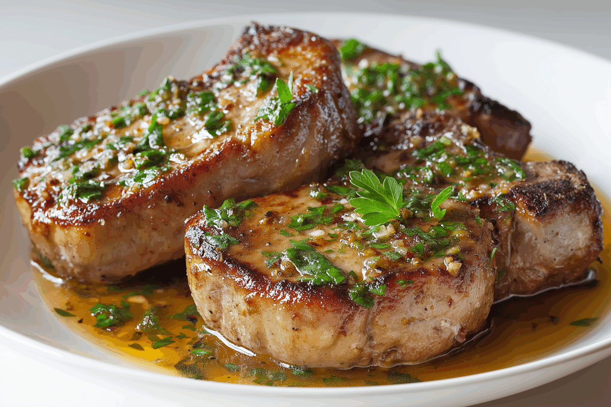 pork chops plated with a garlic butter sauce