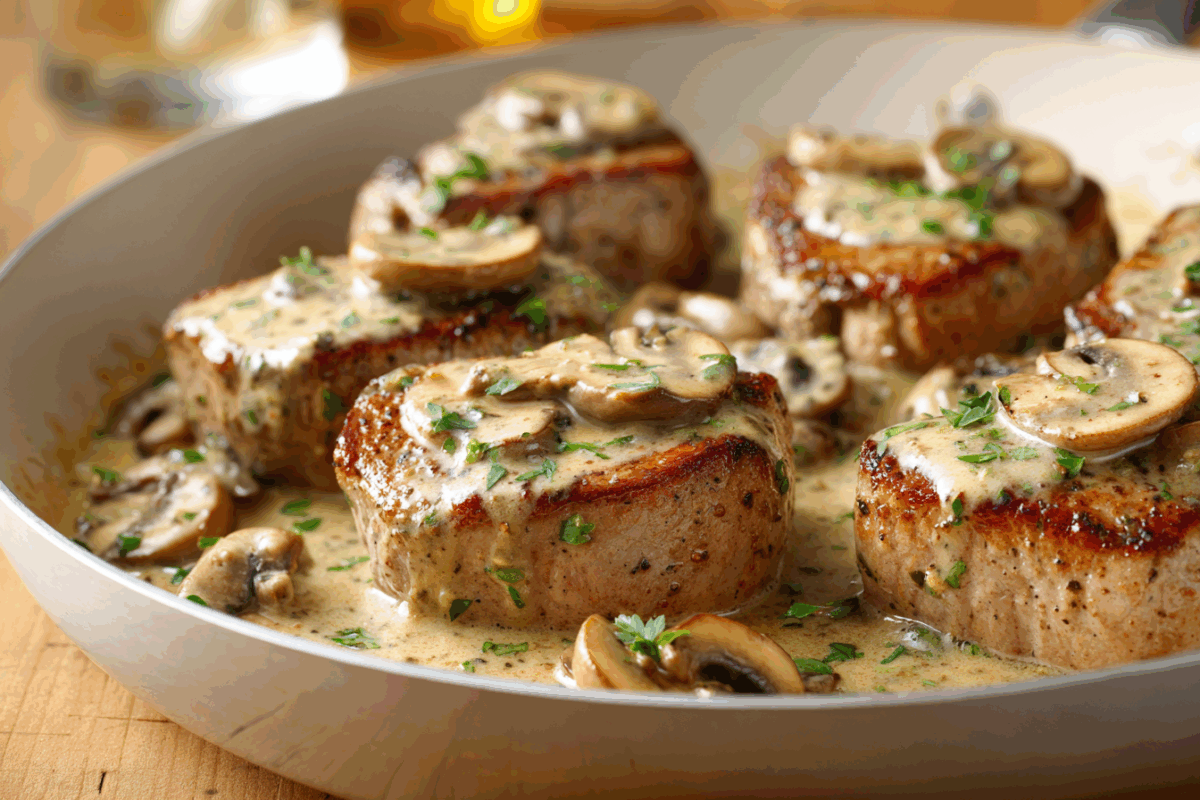 pork tenderloin medallions pan seared in a skillet with creamy mushroom gravy and sauteed mushrooms