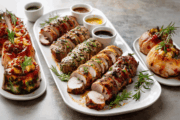 12 Mouthwatering Pork Tenderloin Recipes Worth Saving five different pork tenderloin recipes on a platter with sauces on the side