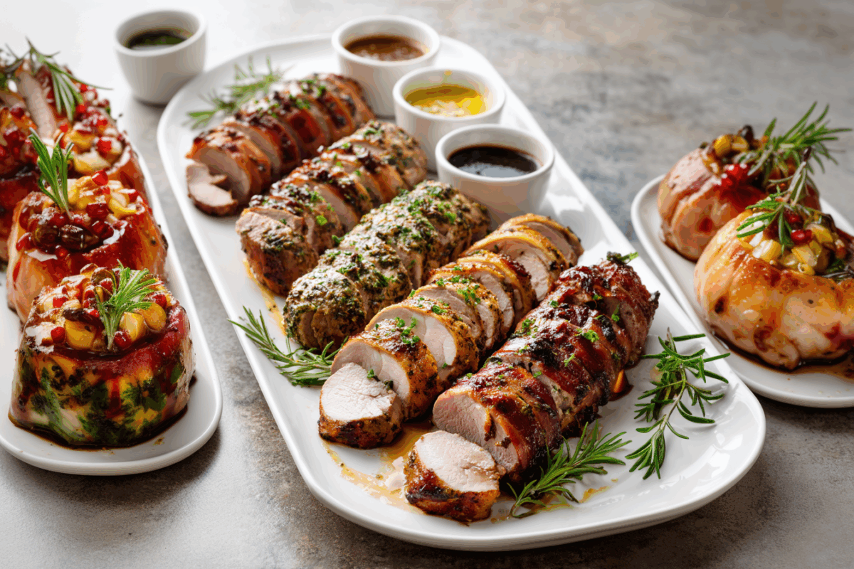 five different pork tenderloin recipes on a platter with sauces on the side