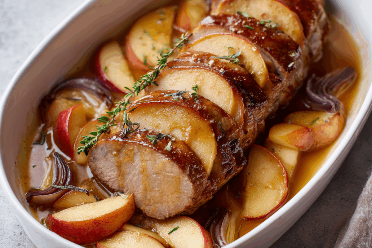 top down view of sliced tenderloin in a roaster with apples and onions on the side